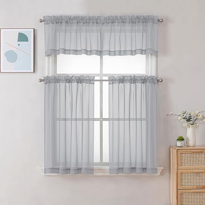 Chyhomenyc Sheer Light Grey Tier Curtains 24 Inch Length, Small Window Curtains - Image 2