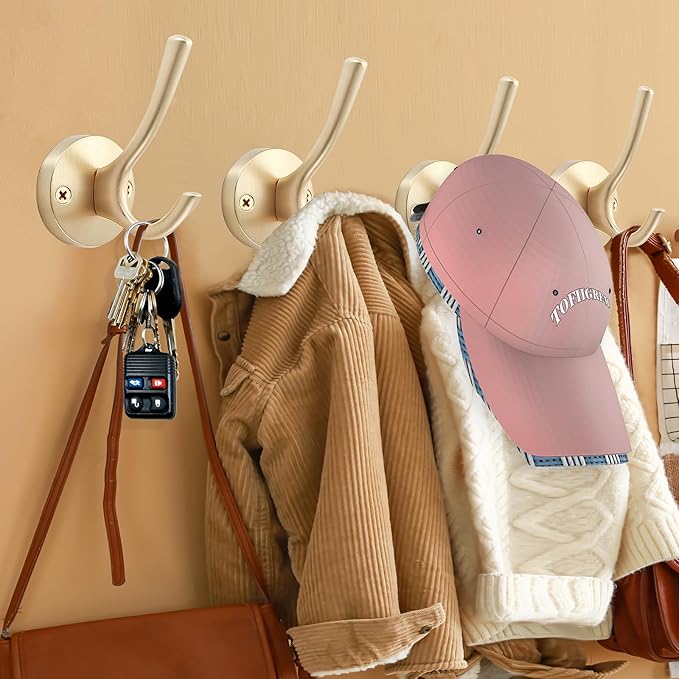 Gold Hat and Coat Hooks, 4 Pack Heavy Duty Coat Robe Hook, Metal Double - Image 2