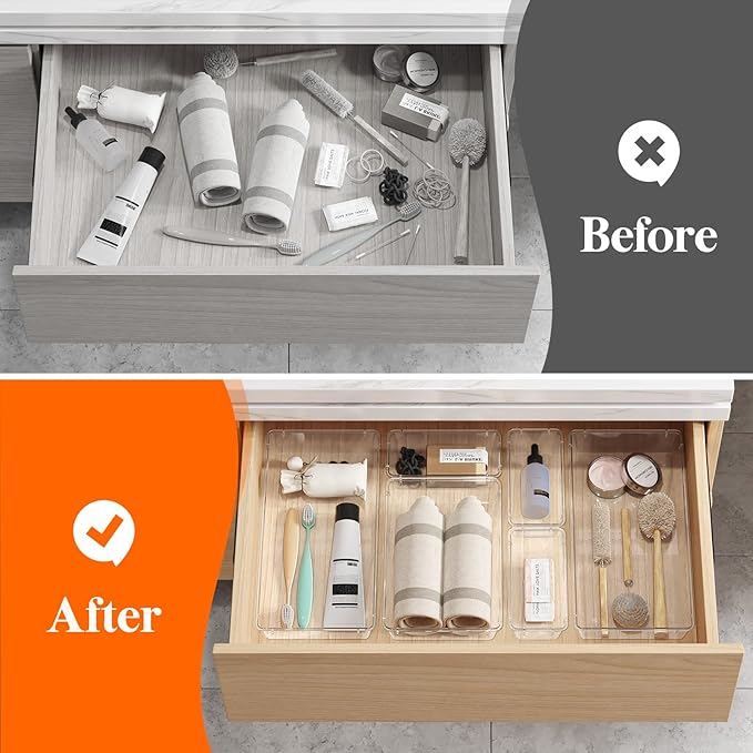 Lifewit 15 Pcs Large Bathroom Drawer Organizers, 3 Sizes Clear Plastic Storage - Image 7