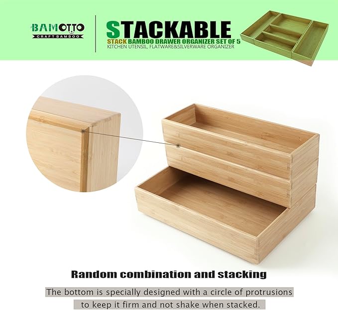 Stack Bamboo Drawer Organizer Set of 5, Kitchen Utensil, Flatware&Silverware - Image 3