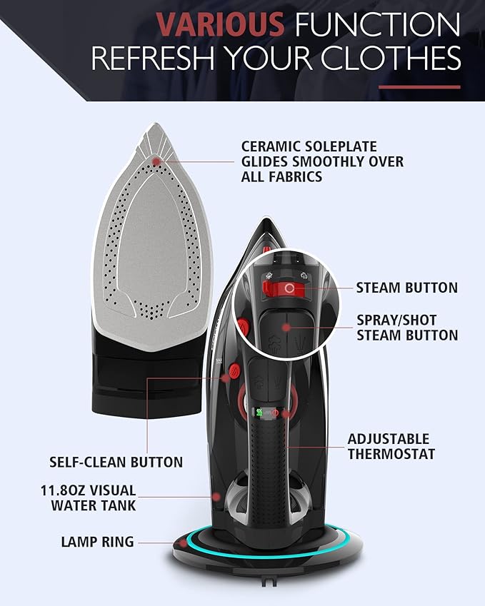 Cordless Iron for Clothes, 1500W Steam Iron Rapid Heating, Non-Stick Ceramic - Image 8