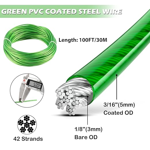 3/16" Wire Rope, 100 Ft PVC Coated Wire Cable Metal Steel Cable Trellis Kit - Image 3
