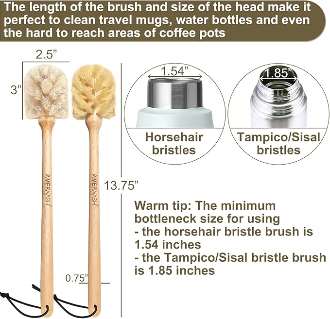 Bottle Brushes with Natural Bristles, 13-3/4 Inch Long Wood Handle Bottle Brush - Image 3