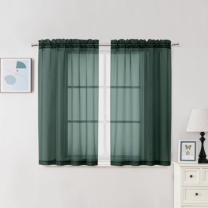 Chyhomenyc Hunter Green Sheer Curtains 45 Inch Long 2 Panels, Short Voile Drapes by Chyhomenyc