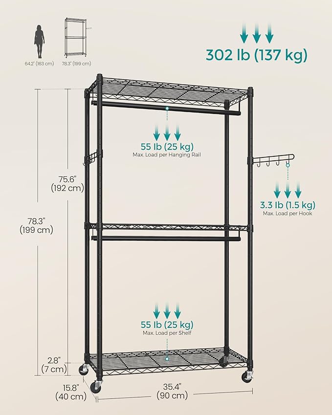 SONGMICS Heavy-Duty Rolling Clothes Rack, Garment Rack, Portable Closet - Image 6