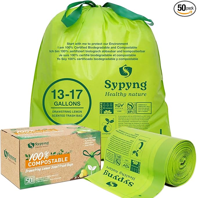 13-17 Gallon Compostable Trash Bags Heavy-Duty & Durable, 1.1 Mil Thick | 100% by Sypyng