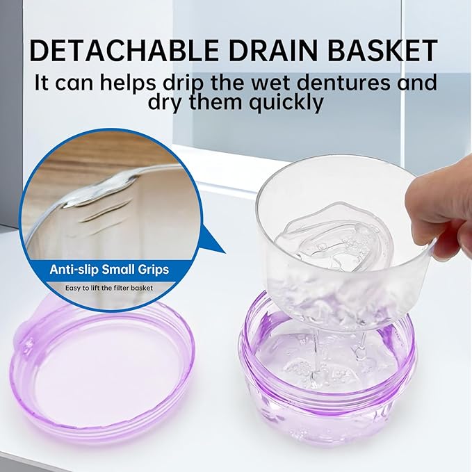 Leakproof Denture Case Purple Denture Soaking Cup False Teeth Container - Image 7