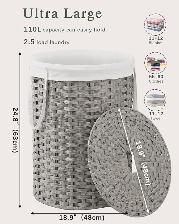 Laundry Basket with Lid Round Rattan Laundry Hamper with Lid and Handles 29.1 - Image 4