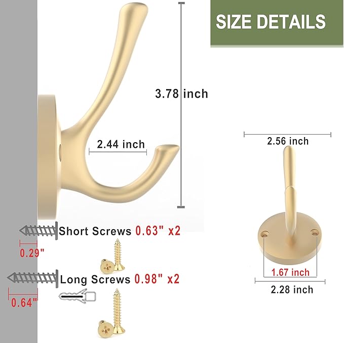 Gold Hat and Coat Hooks, 4 Pack Heavy Duty Coat Robe Hook, Metal Double - Image 7