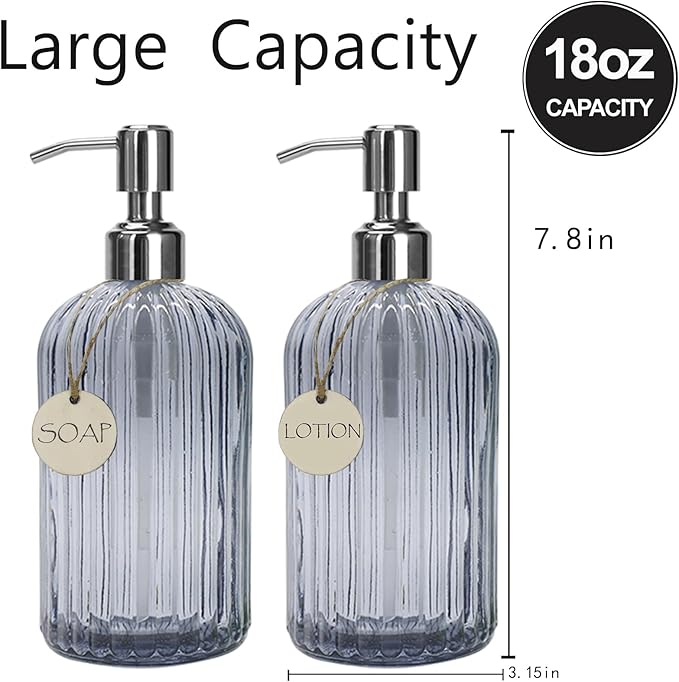 Grey Glass Soap Dispenser 18 oz, 2 Pack Hand Dish Soap Dispensers Bathroom - Image 4