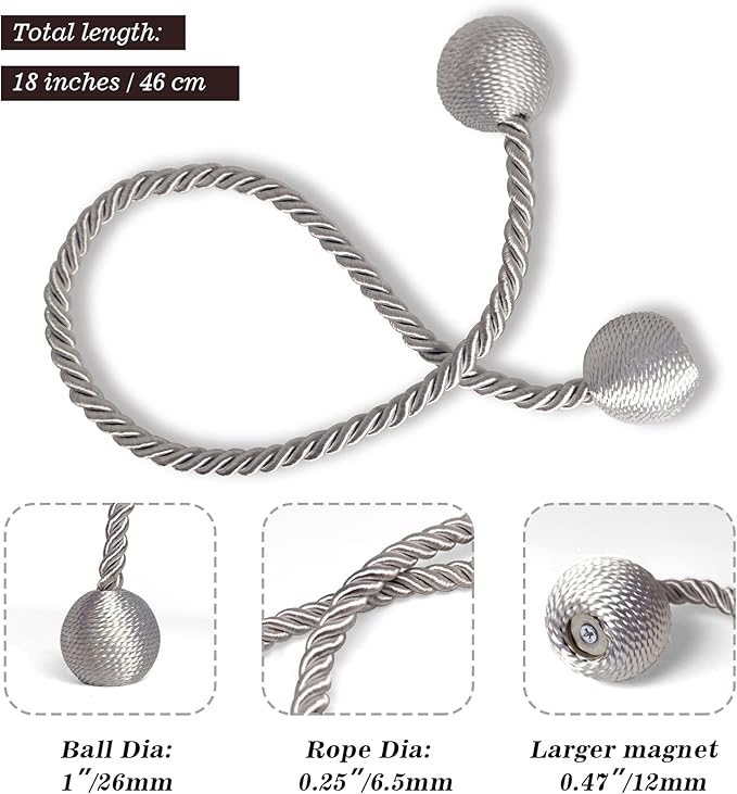 Hion Magnetic Curtain Tiebacks Grey 4 Pack, Curtain Tiebacks Buckles Holdbacks - Image 2