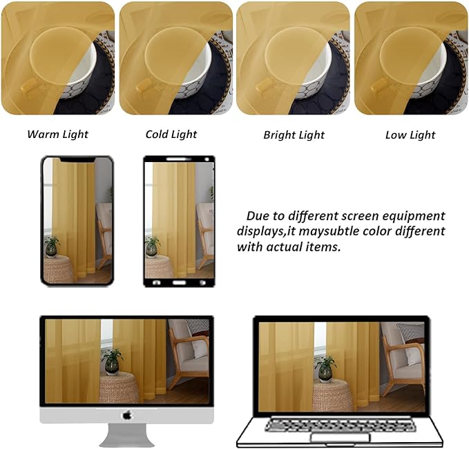 Chyhomenyc Gold Sheer Curtains 36 inch Length 2 Panels Set, Light Filtering - Image 4