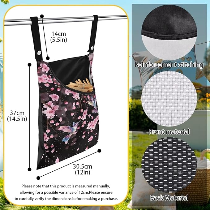 Waterproof Clothespin Bag with Hanger Hook Cherry Blossom Hummingbird - Image 7