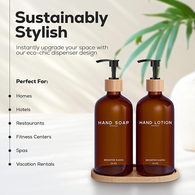 Amber Glass Soap and Lotion Dispenser Set - Image 2