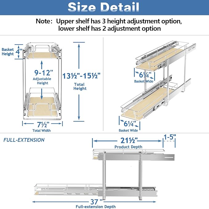 ROOMTEC 2 Tier Individual Pull Out Cabinet Organizer 7½"W x 21½"D, Slide Out - Image 3