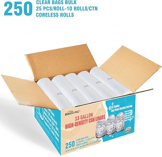 33 Gallon Trash Bags, Heavy Duty Clear Plastic Recycling Garbage Bags, - Image 2
