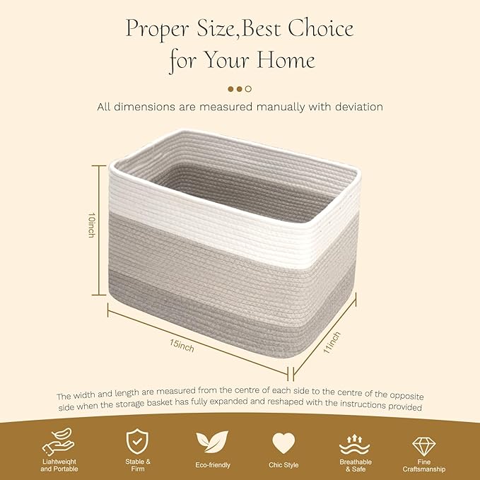 Hopegiver Woven Storage Baskets 15x11x10 Inch, 3 Pack Collapsible Cube Storage - Image 8