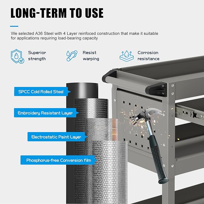3 Tier Rolling Tool Cart on Wheels, Heavy-Duty Utility Cart Service Cart - Image 2