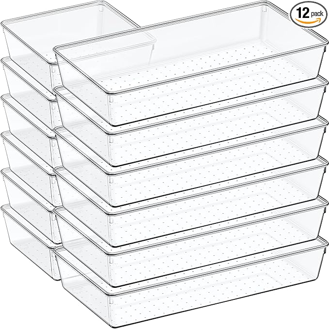12 Pack Large Clear Plastic Drawer Organizer Set, Acrylic Bathroom Organizer by Criusia