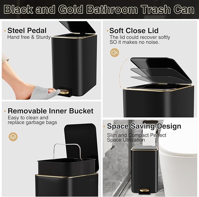 Small Bathroom Trash Can with Lid Soft Close, 1.8 Gallon Stainless Steel - Image 3