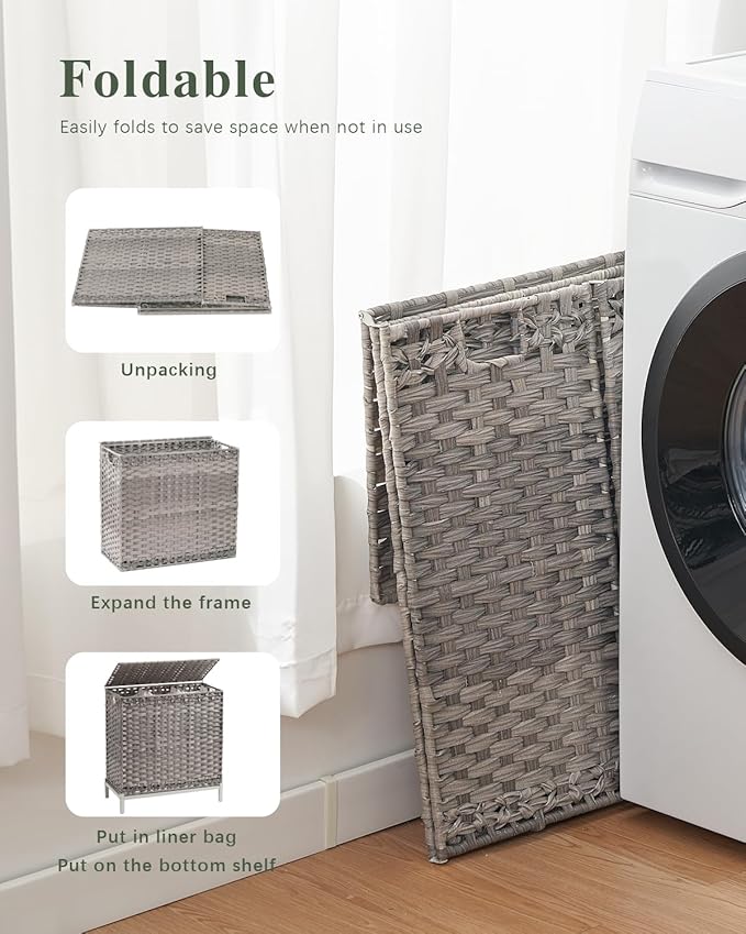 Laundry Hamper with Lid 132 L, Clothes Hamper with Lid, Handwoven Rattan - Image 7