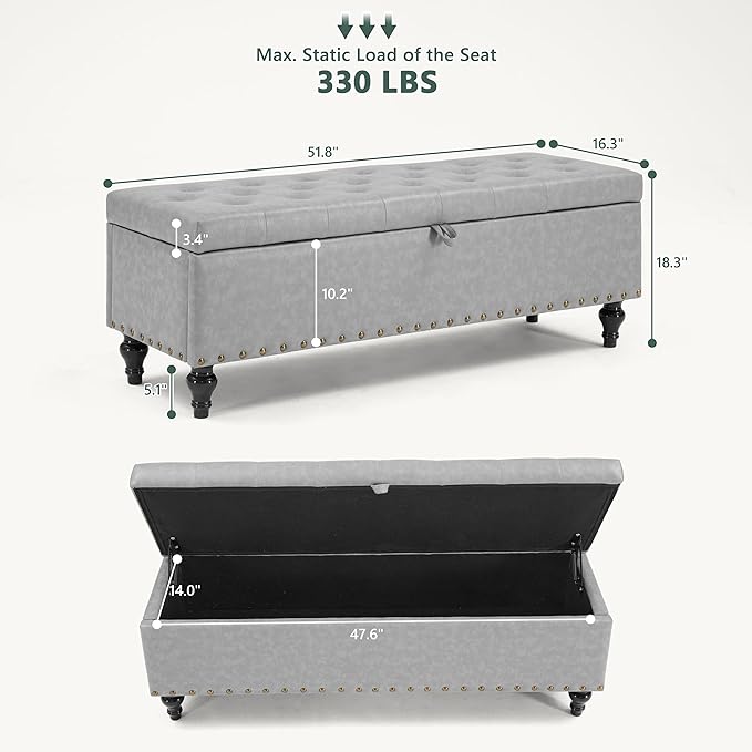 51.8’’ Storage Ottoman Bench, Faux Leather Ottoman - Image 2