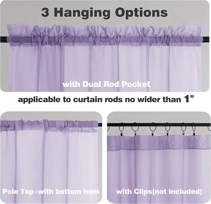 Chyhomenyc Sheer Lilac Tier Curtains 24 Inch Length, Small Window Curtains - Image 3