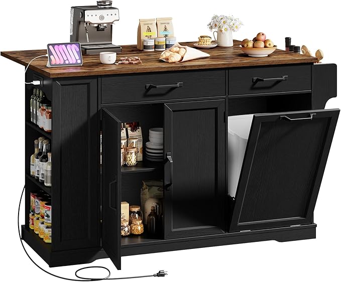 Kitchen Island with Power Outlet & Drop Leaf, Rolling Storage Cart with Trash - Image 8