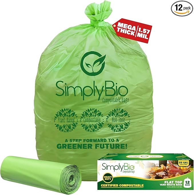 Simply Bio 50-55 Gallon Compostable Trash Bags Liners Flat-Top, Heavy Duty by SimplyBio