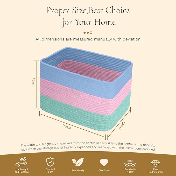 Hopegiver Woven Storage Baskets 15x11x10 Inch, 3 Pack Collapsible Cube Storage - Image 8