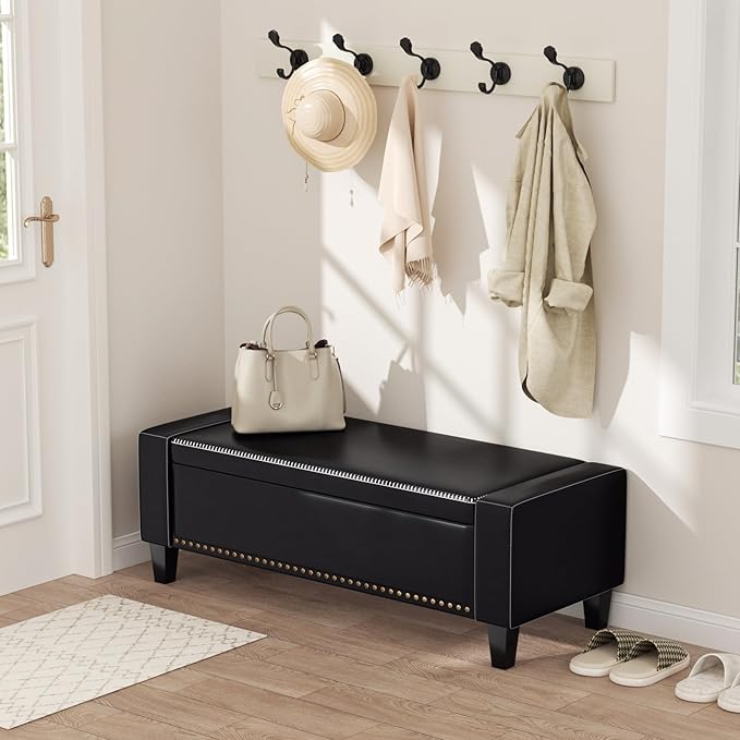 48.8" Storage Ottoman Bench Black | Faux Leather Bedroom Bench - Image 8