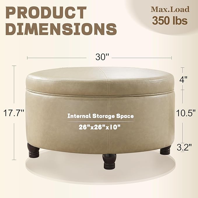 30-Inch Round Storage Ottoman, Modern Ottoman Coffee Table - Image 2