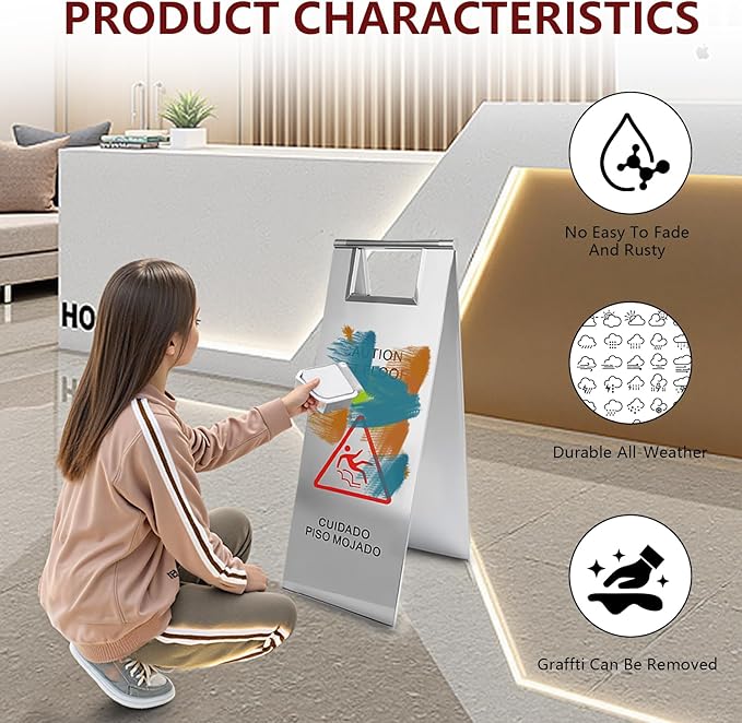 4 Pcs Stainless Steel Wet Floor Caution Sign, 24 Inch Portable Handle Bilingual - Image 2
