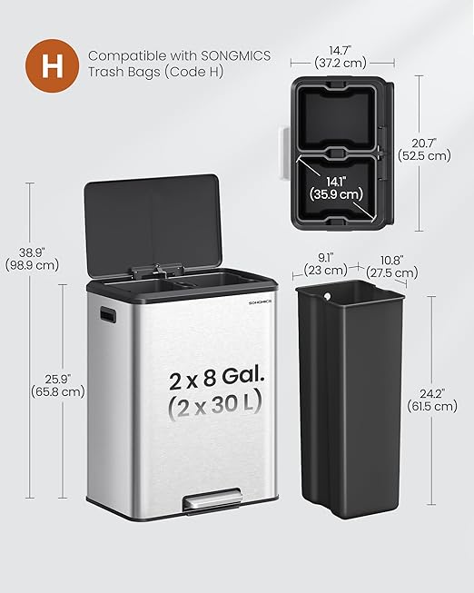 SONGMICS Trash Can, 2 x 8 Gallon Double Garabge Can - Image 6