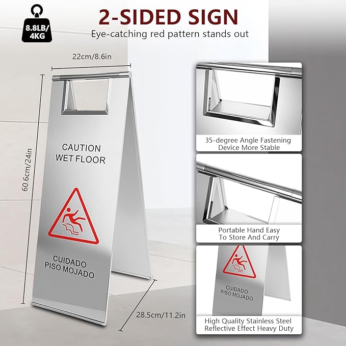 4 Pcs Stainless Steel Wet Floor Caution Sign, 24 Inch Portable Handle Bilingual - Image 3