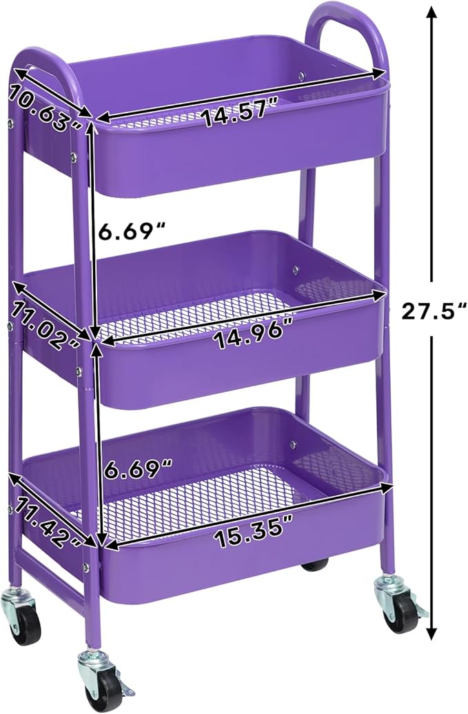 AGTEK Makeup Cart, Movable Rolling Organizer Cart, 3 Tier Metal Utility Cart - Image 4
