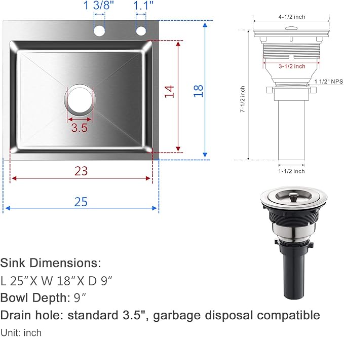 25x18 Inch Kitchen Sink Drop in, Premium T-304 Grade Stainless Steel Sink - Image 7