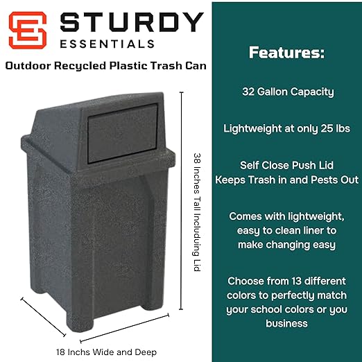 32 Gallon Square 100% Recycled Plastic Heavy Duty Commercial Outdoor or Indoor - Image 2