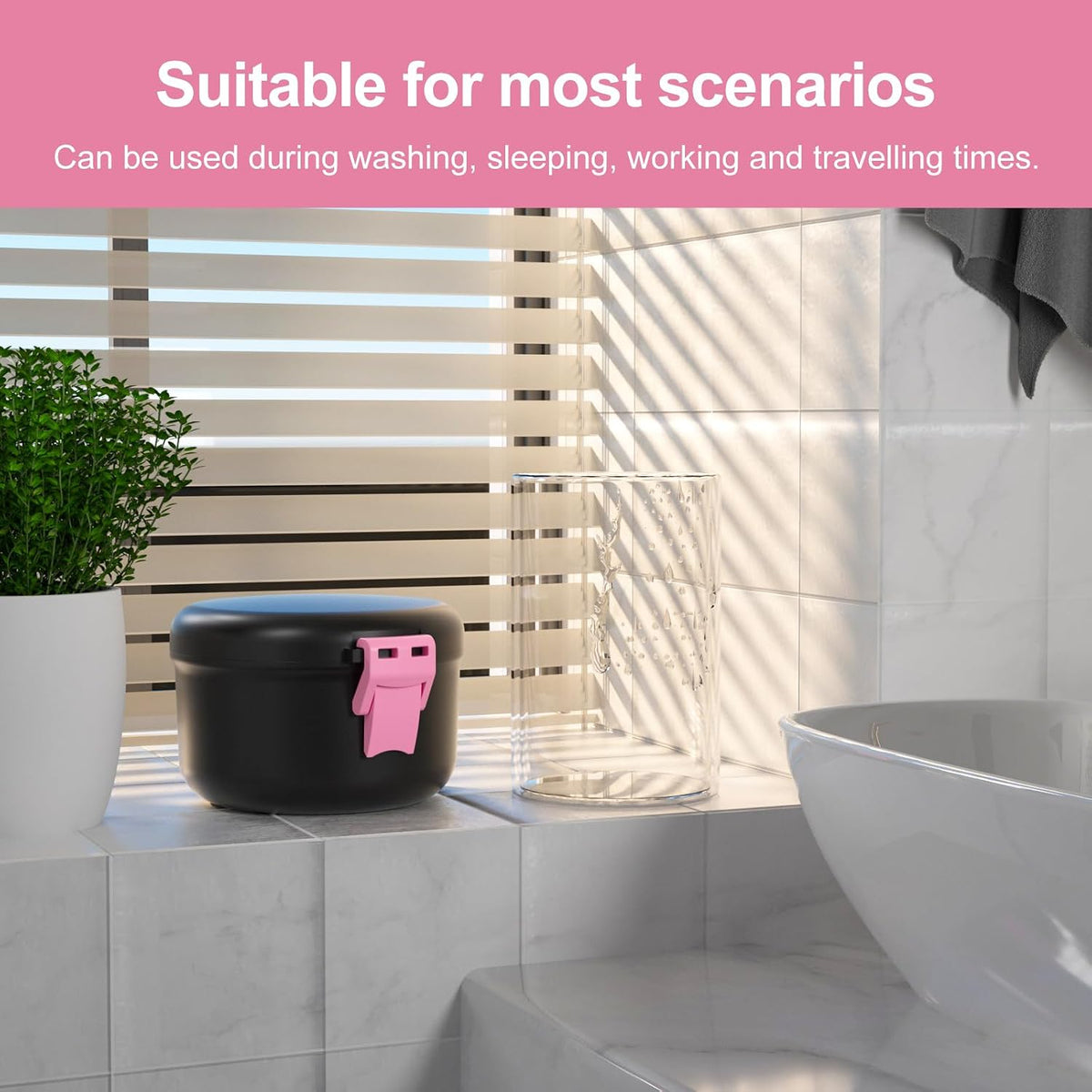 Leak-Proof Denture Bath Cup for Travel, Denture Cup for Soak Dentures, Retainer Cleaning Case with Strainer (Black + Pink)