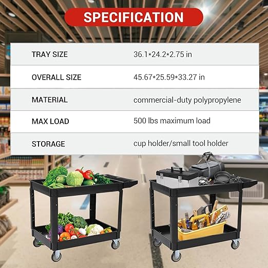 Utility Service Cart 2-Shelf 500 Lbs Capacity, Heavy Duty Rolling Cart - Image 3