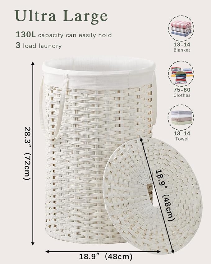 Large Laundry Hamper Laundry Basket Round 34.3 Gal Handwoven Wicker Laundry - Image 4