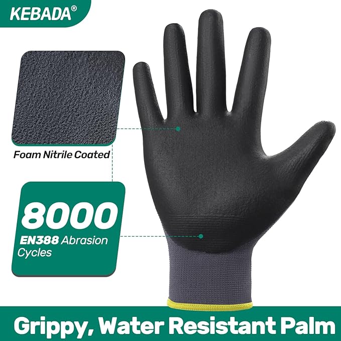 Kebada W5 Work Gloves Bulk Pack, Foam Nitrile Coated Working Gloves - Image 2