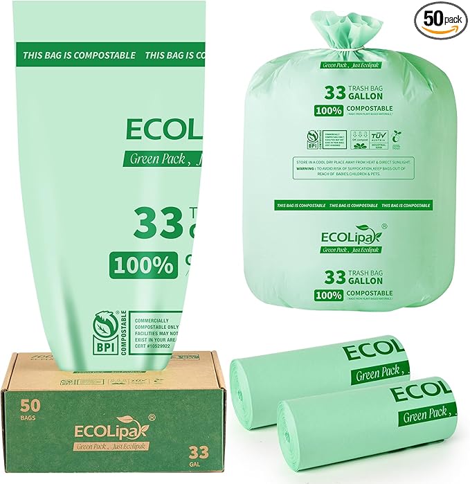 ECOLipak 33 Gallon Compostable Trash Garbage Bags, US BPI ASTM D6400 and OK by ECOLipak