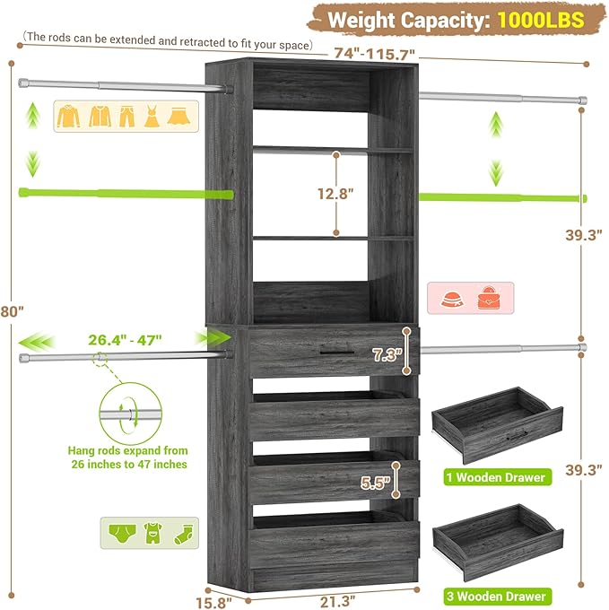 Aheaplus Closet System, 4-9 Ft Closet Organizer - Image 7