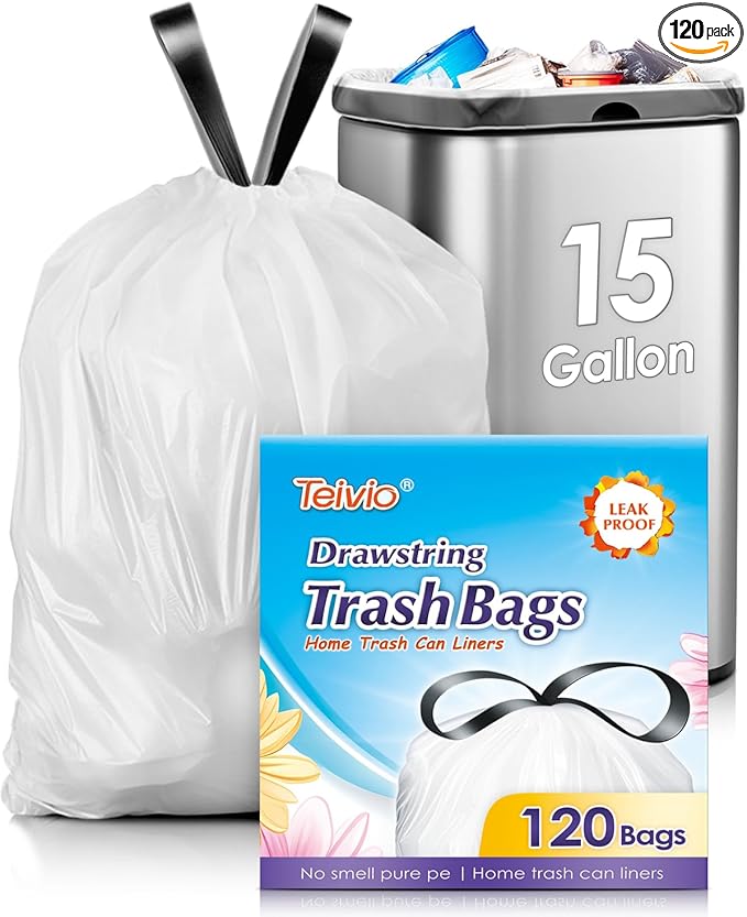 15 Gallon 120 Counts Strong Tall Kitchen Drawstring Trash Bags by Teivio by Teivio
