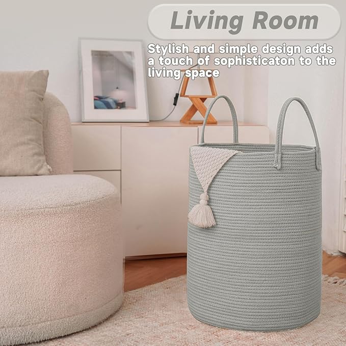 Large Woven Laundry Basket Hamper, 100L Cotton Rope Storage Bin - Image 3