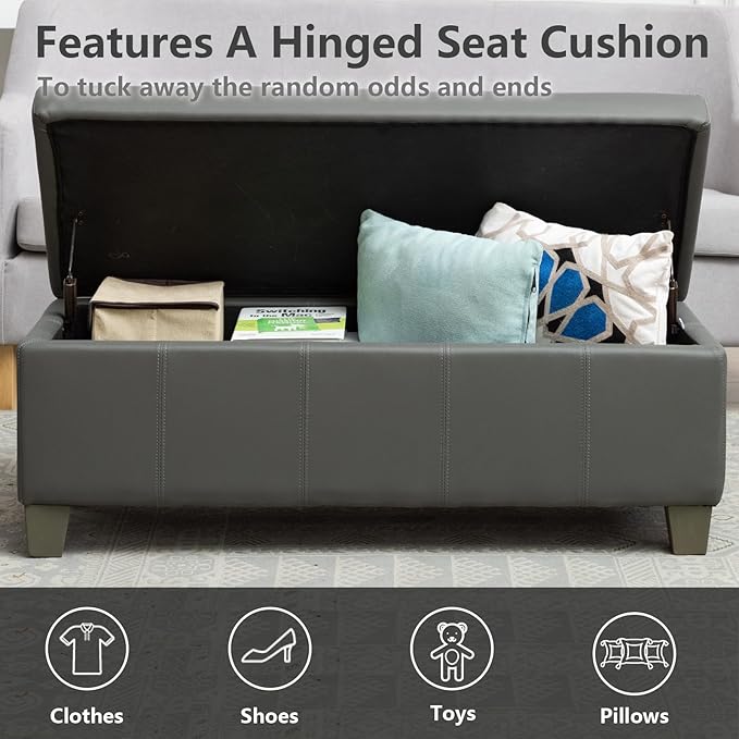 Grey Faux Leather Ottoman with Storage, Rectangular Extra Long Storage Bench - Image 6