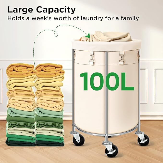 Laundry Hamper with Wheels, 100L Round Rolling Laundry Basket Sorter with - Image 8