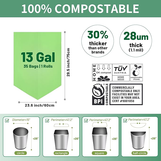 13 Gallon Trash Bags Compostable Compost Large Garbage Bag Extra Thick 1.1 Mil - Image 5