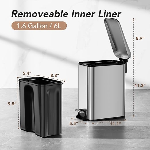 Small Trash Can with Lid Soft-Close, 6 L/1.6 Gal Bathroom Garbage Can with - Image 2